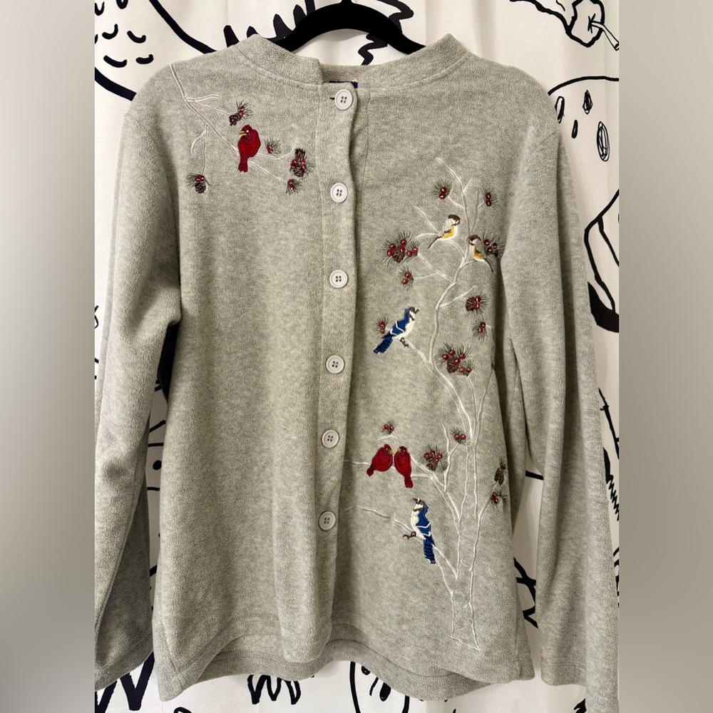 Classic Gray Cardigan with Embroidered Birds